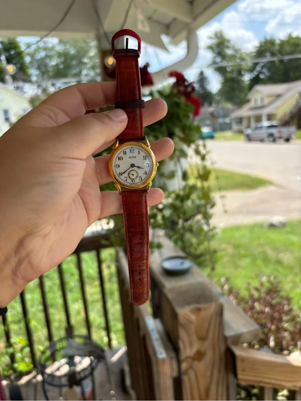 Alfex Swiss made vintage Gold tone Watch with Red Leather Strap